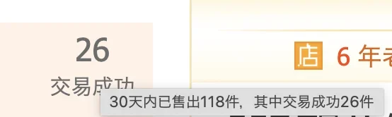 オンマウス表示の例：30天内已售出118件、其中交易成功26件